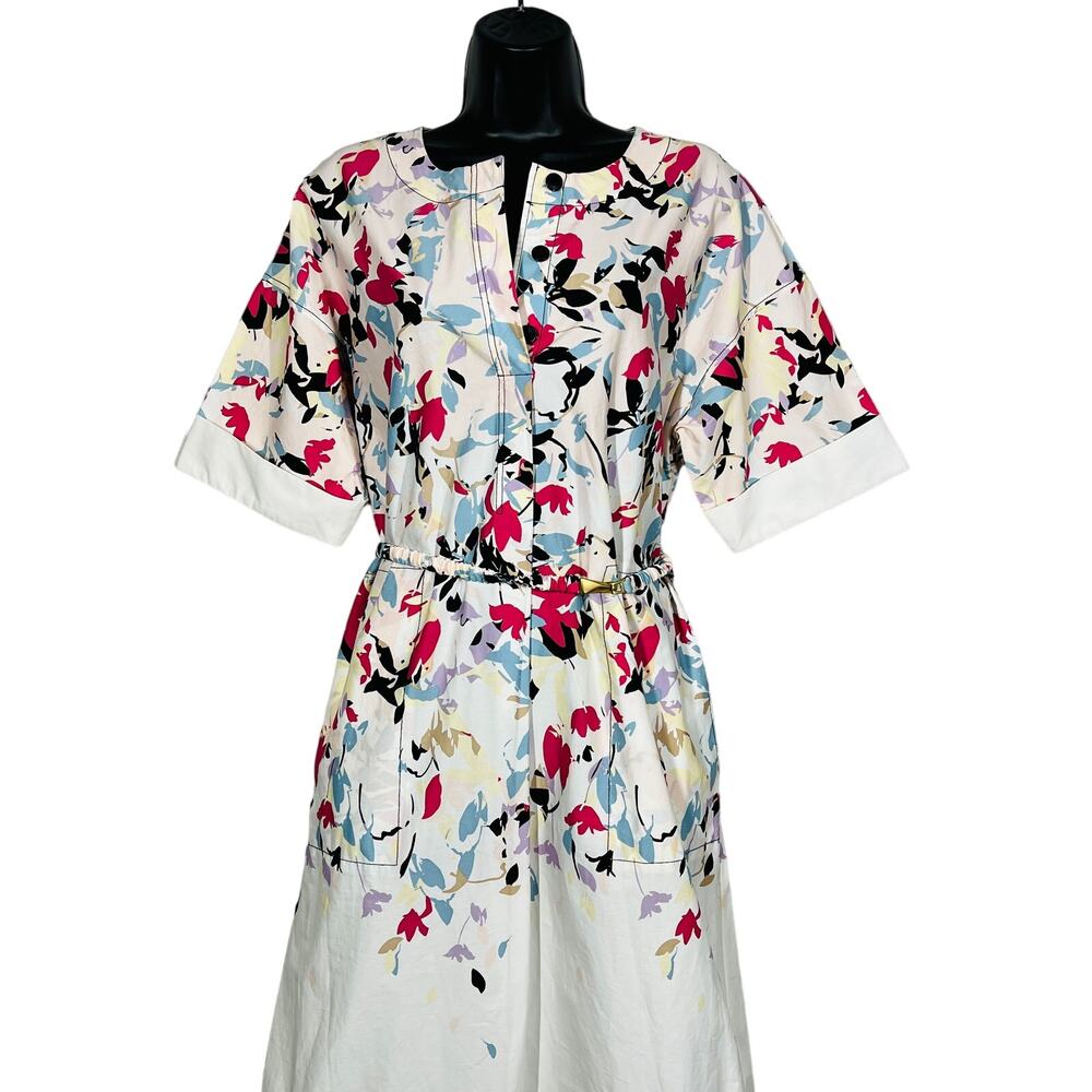 Donna Karan NY Floral shirt Dress Mod Print Short Sleeve Belted Midi - S